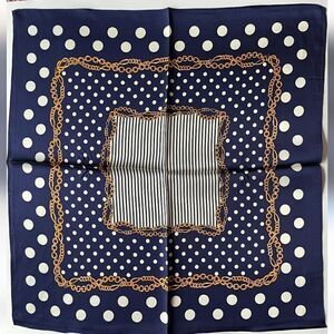 Women Silky Scarf Square Chain Print Polka Dot Navy Blue Head Scarf Satin Shawl